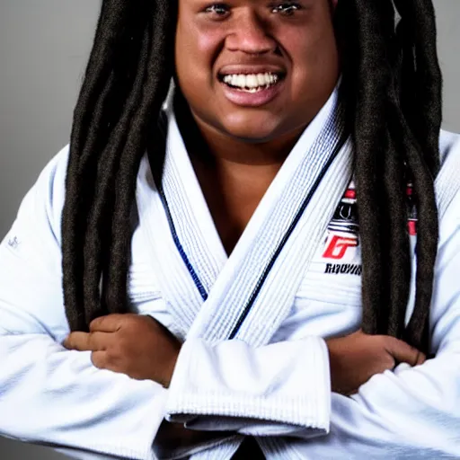 Image similar to photo of chubby black bjj athlete with long dreads posing, serious face, white belt