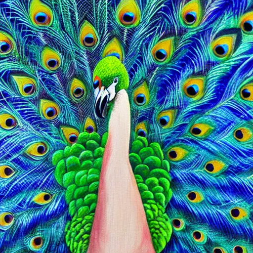 Prompt: hybrid bird cross between peacock and flamingo detailed oil painting 4k