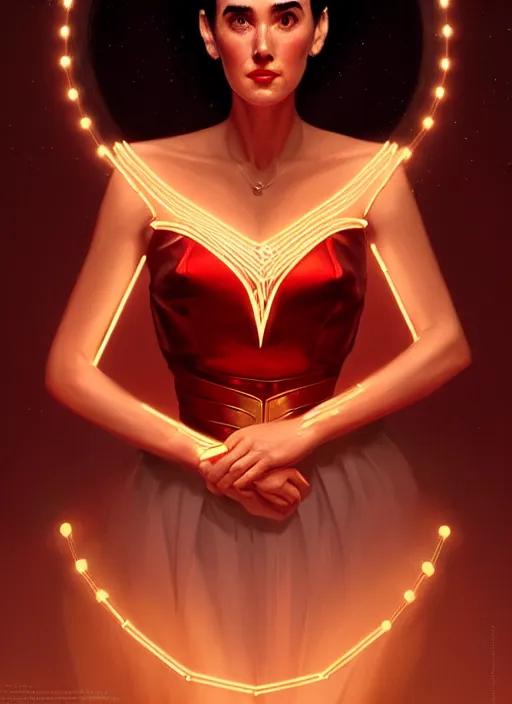 Image similar to portrait of 1 9 5 0 s darna, jennifer connelly, intricate, elegant, glowing lights, highly detailed, digital painting, artstation, glamor pose, concept art, smooth, sharp focus, illustration, art by wlop, mars ravelo and greg rutkowski