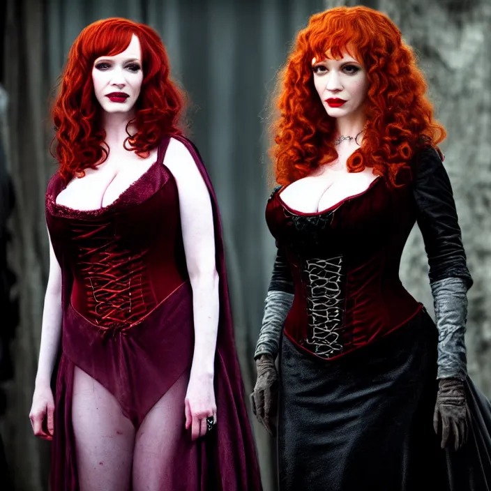 Prompt: full body photograph of christina hendricks as a vampire queen. Extremely detailed. 8k