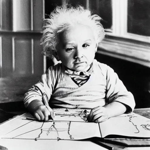 Prompt: Baby Albert Einstein making a crayon drawing of plans for a rocket