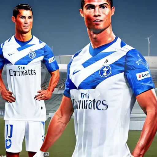 Prompt: full body photo of Cristiano Ronaldo wearing the Cruzeiro Esporte Clube uniform, very detailed