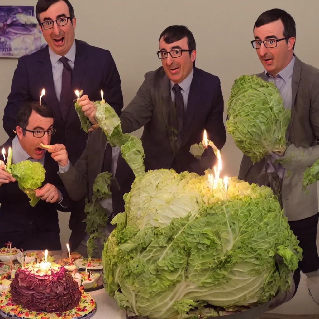 Prompt: john oliver and a head of cabbage blow out candles on a birthday cake