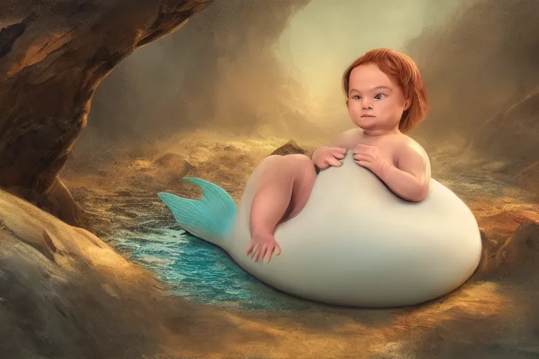 Image similar to a baby mermaid laying inside a egg, matte painting, concept art, digital art, trending on artstation, 4 k, extremely detailed, realistic, fantasy art,