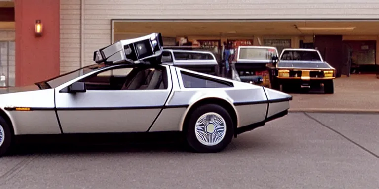 Image similar to Photoreal Cinematography of a photorealistic Delorean Time Machine From Back To The Future Parked in Twin Pines Mall in 1985 with one door open