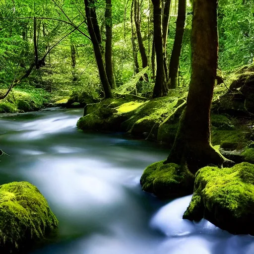 Prompt: There is a stream flowing through a peaceful forest. The sun shines through the trees, dappling the ground with light. The stream babbles gently.