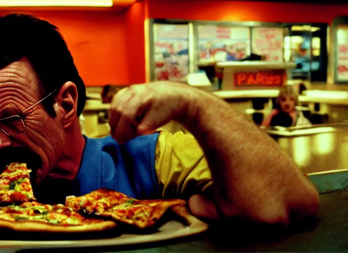 Image similar to portrait of walter white eating pizza at chuck - e - cheese with sloppy cheesy sauce getting slopped up all over the place, dramatic lighting, moody film still from breaking bad ( 2 0 1 1 ), 3 5 mm kodak color stock, 2 4 mm lens, directed by rian johnson, ecktochrome