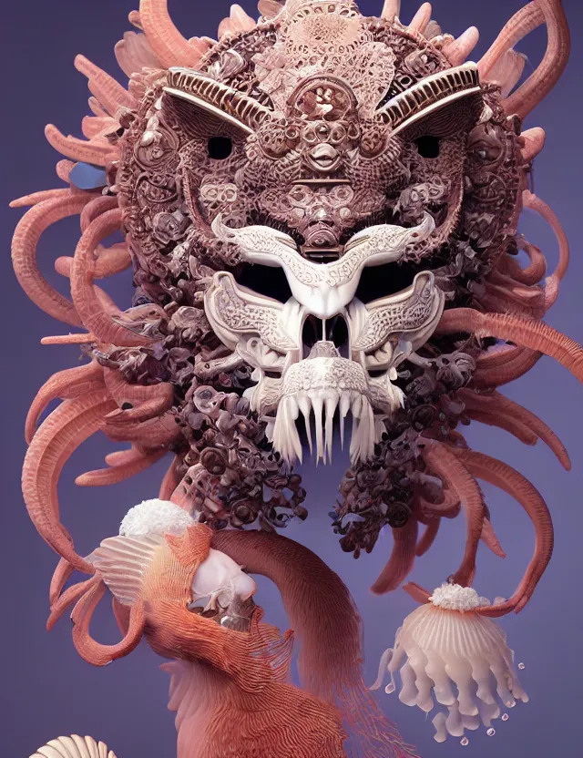 Image similar to 3 d goddess close - up profile portrait ram skull. beautiful intricately detailed japanese crow kitsune mask and clasical japanese kimono. betta fish, jellyfish phoenix, bio luminescent, plasma, ice, water, wind, creature, artwork by tooth wu and wlop and beeple and greg rutkowski