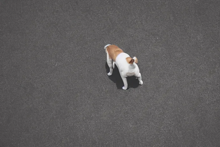 Prompt: a dramatic photo of a puppy standing at the edge of a roof