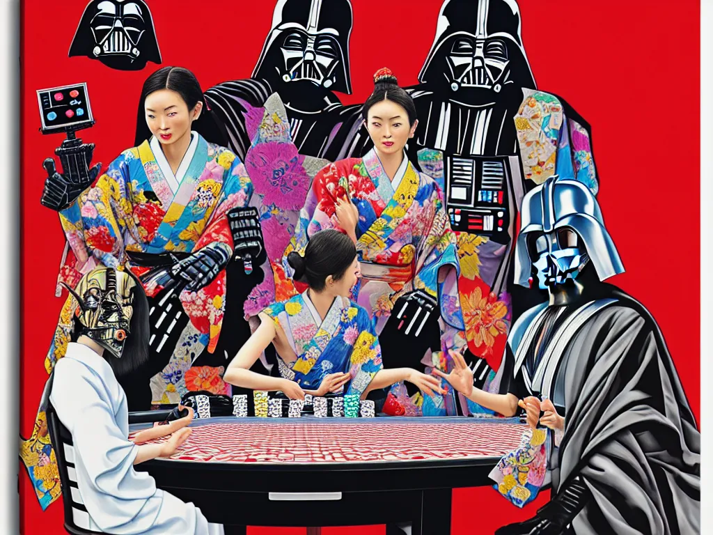 Prompt: hyperrealistic composition of the detailed woman in a japanese kimono with a ( ( c 3 p 0 ) robot head sitting at a extremely detailed poker table with darth vader, fireworks, mountain fuji on the background, pop - art style, jacky tsai style, andy warhol style, acrylic on canvas