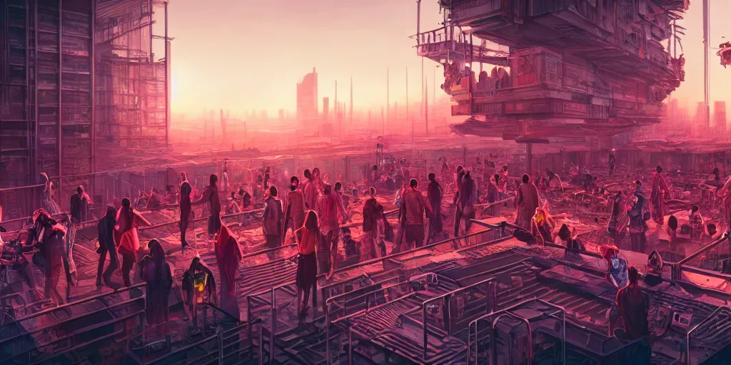 Image similar to an intricate digital illustration concept art of a people on a rooftop bar in a cyberpunk megastructure city overviewing a desolate destroyed city, sci-fi, cinematic lighting, hyper realistic, art by dylan cole, detailed matte painting, digital art, neon color palette