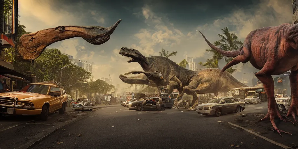 Image similar to a photographic picture of a street full of dinosaurs, photographic filter, unreal engine 5, realistic, hyperdetailed, 8 k, cinematic, volumetric lighting, very realistic effect, hd, hdr, 4 k, sharp focus, octane render, ultra detailed, high resolution, trending on artstation in the style of albert dros glowing rich colors powerful imagery