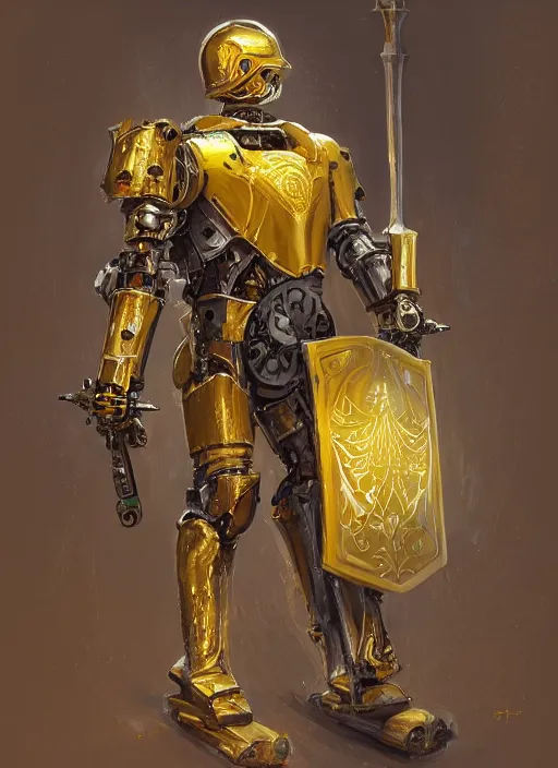 Image similar to dynamic portrait of a intricate glorious holy mechanical warforged pit droid character in yellow armor holding a paladin engraved great longsword and carrying a big shield, epic , trending on ArtStation, cinematic lighting, by Jesper Ejsing