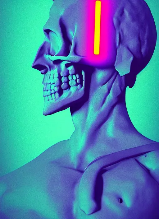 Image similar to statue of hercules, half his face as a skull, beeple, vaporwave, retrowave, abstract neon shapes, tonal separation, black background, glitch, pixel sorting, strong contrast, pinterest, trending on artstation