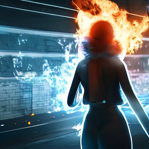 Prompt: beautiful young blonde russian woman from back with flames dancing on her hands with very long jacket in cyberpunk city, realistic, high definition, 4K, shimmering color, art of unreal engine 5 H 1280