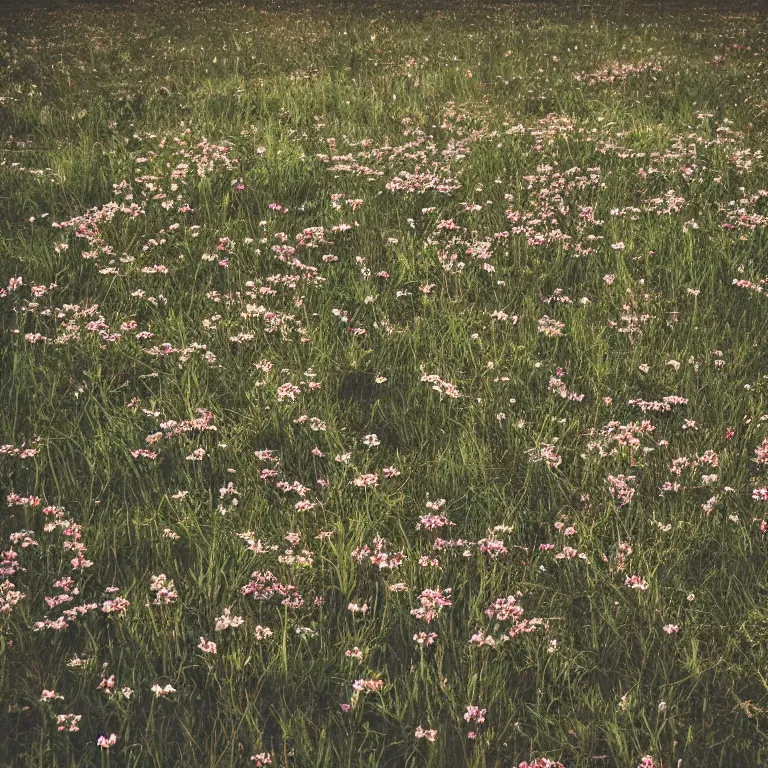 Prompt: dark illustration of abandoned skeleton bones in a meadow of flowers