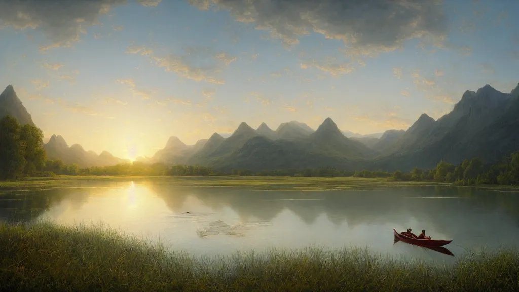 Prompt: painting of a beautiful landscape, canoe floating down the river, first light, grassy plains, valley, lush grass, river, canoe, by noah bradley and greg rutkowski