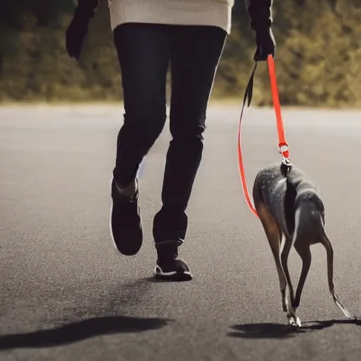 Prompt: greyhound taking a human for a walk, the human is the one on the leash