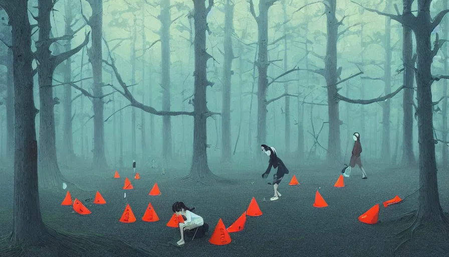 Prompt: safety cones scattered around an oak tree forest, by james jean by ilya kuvshinov kintsugi, hyper detailed surrealist painting, beautiful lighting