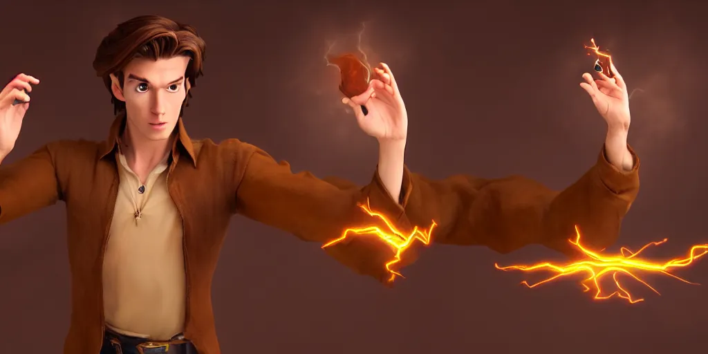Image similar to a epic scene of a handsome young caucasian male sorcerer with brown hair casting a spell that is emanating from his hands!! indoor, alchemist lab!! action pose, medium shot, deep depth of field, waist up, pixar animation style!!