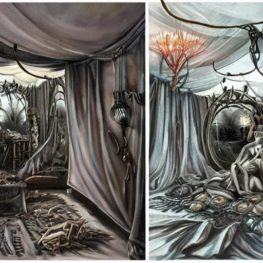 Prompt: painting hr giger tent in a room, floral ornaments, light beams night, scene from fightclub movie