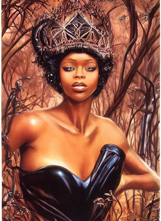 Prompt: portrait african princess, black iron crown, diamond shimmering dress, strong line, deep color, forest, beautiful! coherent! by boris vallejo, by brian froud