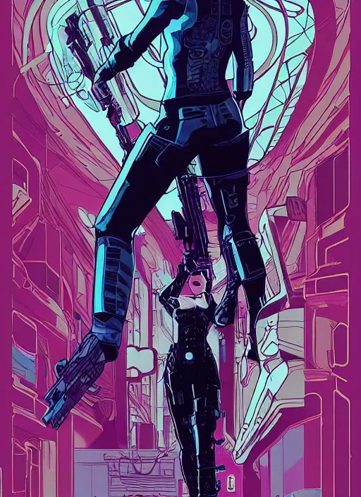 Prompt: the snake. cyberpunk assassin with scenic background. portrait illustration, pop art, art by ashley wood, alphonse mucha, laurie greasley and josan gonzalez. cinematic. dynamic lighting. realistic proportions. creative design. cel shading