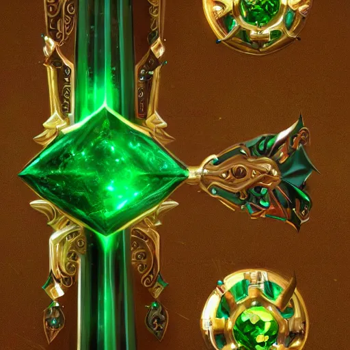 Image similar to full view of fantasy magical staff with emerald in the middle, high detail, fantasy art, concept art, 4 k, ultra detail, computer art