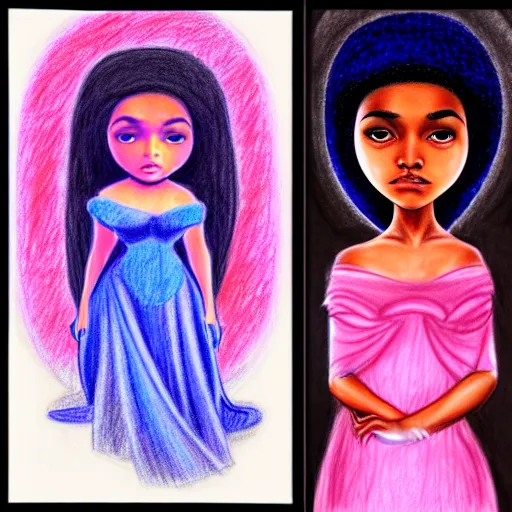 Image similar to crayon drawing of ☁✨🌙👩🏾, plus size woman, soft elegant gown, neon god of city character portrait, in the style of margaret keane, moebius, tom bagshaw, and waterhouse, cinematic lighting, beautiful, elegant, oil painting,