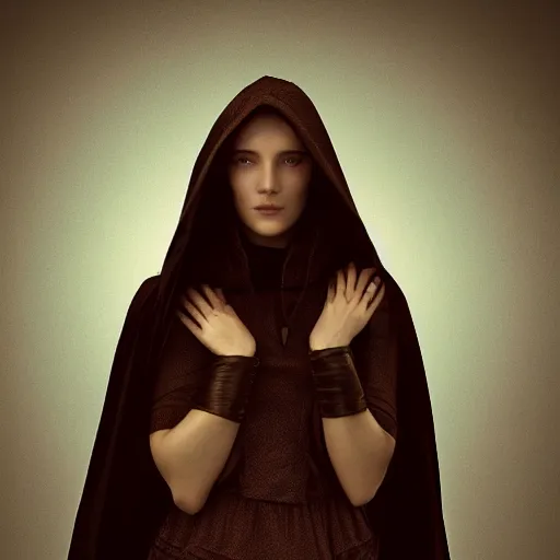 Image similar to a portrait of a young woman wearing a long dark cloak, hood and shadows covering face, holding golden chains, oil painting, Volumetric Golden dappled dynamic lighting, Highly Detailed, Cinematic Lighting, Unreal Engine, 8k, HD