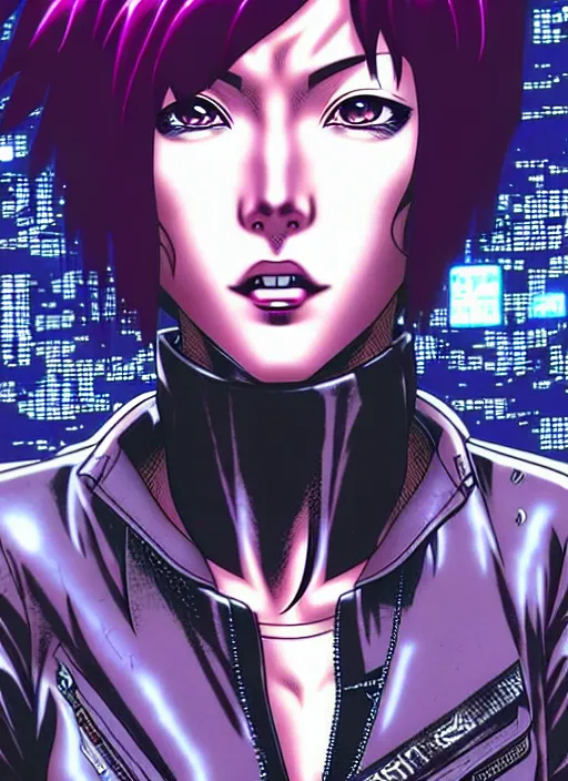 Image similar to motoko kusanagi in grungy cyberpunk megacity, intricate and finely detailed, cyberpunk vaporwave, portrait by j scott campbell, phil jimenez, ilya kuvshinov