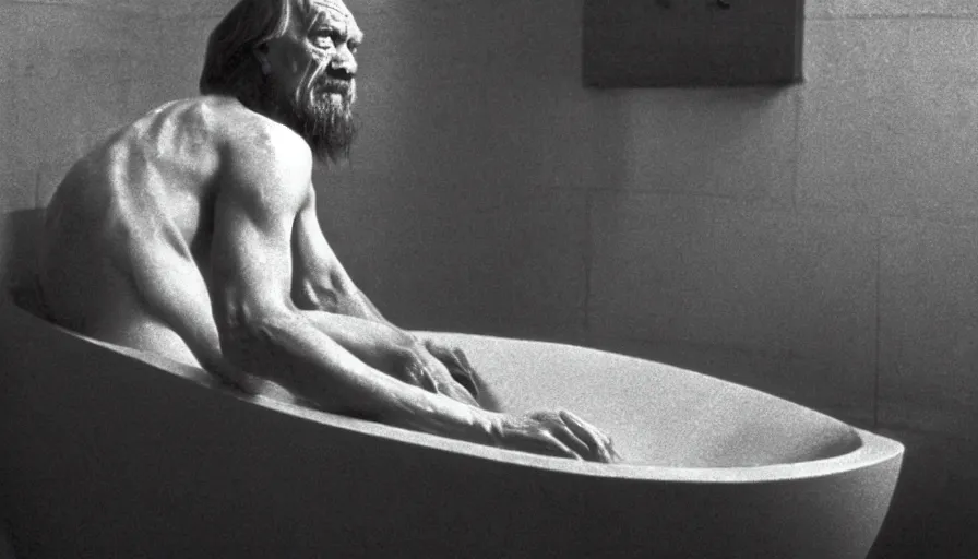 Image similar to 1 9 6 0 s movie still by tarkovsky of an elder socrates drinking hemlock in a bowl in his bath, cinestill 8 0 0 t 3 5 mm b & w, high quality, heavy grain, high detail, panoramic, cinematic composition, dramatic light, anamorphic, jacques louis david style, raphael style, piranesi style