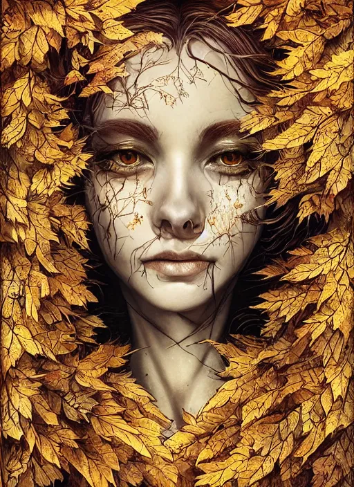 Prompt: golden leaves at frame border, creative!!! composition for a book cover, absurdly beautiful, ultrafine hyperrealistic detailed witch face by wlop and artgerm and greg rutkowski, intricate linework, sharp focus, smooth, octopath traveler, final fantasy, unreal engine, dramatic lighting, ethereal, 8 k