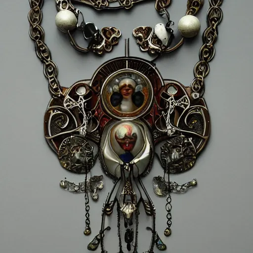 Image similar to artnouveau American mcgee's alice creepy necklace made by René lalique or Alfons mucha