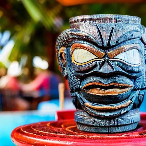 Image similar to a closeup photorealistic capture of glossy spider man style tiki mug at an outdoor trader vic's bar featuring the face of spider man. tiki theme. bright scene. fine detail. this 4 k hd image is trending on artstation, featured on behance, well - rendered, extra crisp, features intricate detail, epic composition and the style of unreal engine.