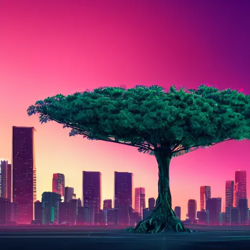 Prompt: synthwave, giant futuristic tree in the middle of the city, sunset, sharp, 4k, 2D
