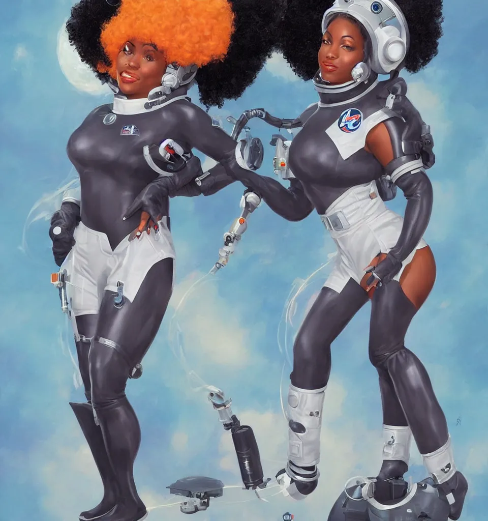 Prompt: full body shot of black woman in an astronaut suit with a celestial afro, pin-up style by Artgerm, realist, trending on artstation