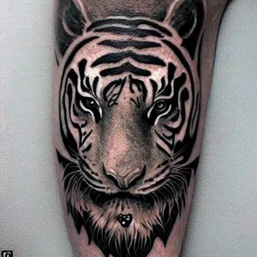 Image similar to a realistic tattoo design that has a beautiful warrior woman on the bottom and a tiger head on the top, highly detailed