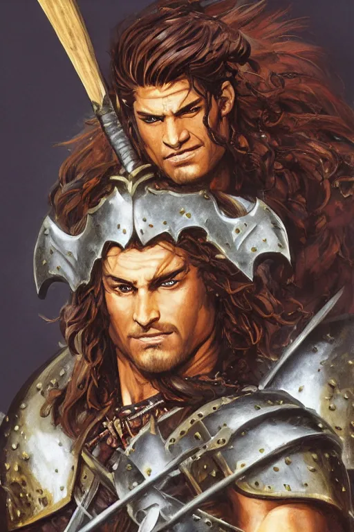 Prompt: A semi realistic portrait of a young handsome male barbarian with long wild hair, intricate fantasy spear, plated armor, vivid colors, colored, D&D, dungeons and dragons, tabletop role playing game, rpg, jrpg, digital painting, by Frank Frazetta and Yusuke Murata, concept art, highly detailed, promotional art, HD, digtial painting, trending on ArtStation, golden ratio, rule of thirds, SFW version