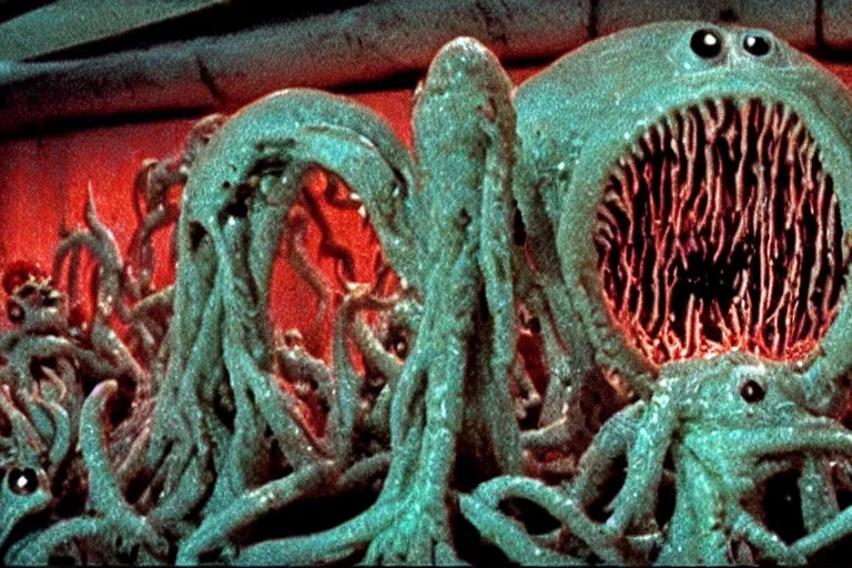 Image similar to scary filmic wide shot angle movie still 35mm film color photograph of a shape shifting horrific nightmarish abstract alien organism from The Thing 1982 with grotesque distorted multiple human faces spewing toxic liquid from an alien plant made out of flesh, in the style of a horror film