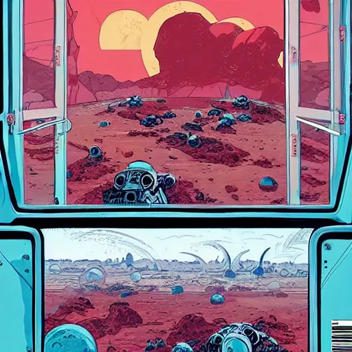 Image similar to view of an alien planet from the window of a space station, highly detailed, smooth, sharp focus, high contrast, bold warm and cool colours, graphic novel, art by laurie greasley and pepe larraz,
