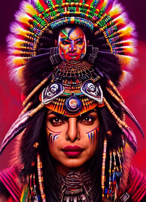 Image similar to portrait of priyanka chopra, hyper detailed ultra sharp aztec shaman warrior. trending on artstation, warpaint aesthetic, bloodwave, colorful, psychedelic, ornate, intricate, digital painting, concept art, smooth, sharp focus, illustration, art by artgerm and greg rutkowski and h. r. giger, 8 k