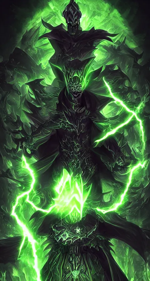 Image similar to illustration of dark priest holding green lightning, black halo, evil, power, green mist, scary, photorealistic, unreal engine, hellish background , Mtg , Dnd ,