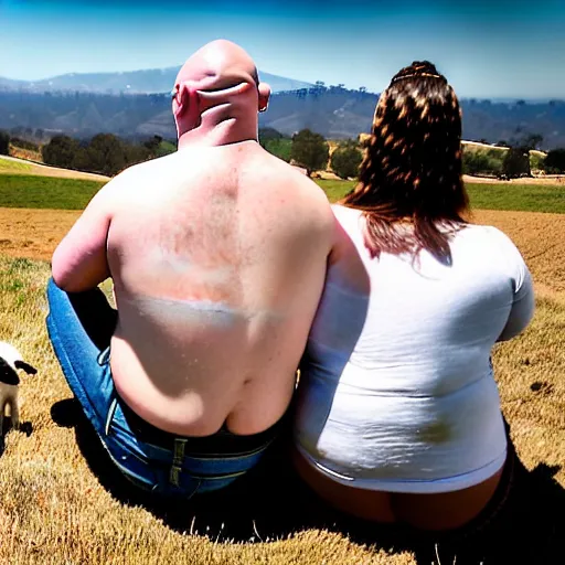 Image similar to portrait of a young chunky bald white male tattoos and his young white female brown hair wife with tattoos. male is wearing a white t - shirt, tan shorts, white long socks. female is has long brown hair and a lot of tattoos. photo taken from behind them overlooking the field with a goat pen. rolling hills in the background of california and a partly cloudy sky