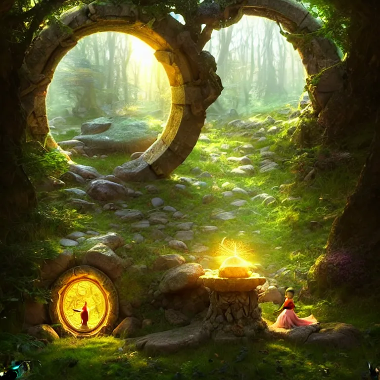 Image similar to Fantasy Magical fairy-tale stone portal in the forest. Round stone portal teleport in trees to other worlds. Fantastic landscape. Magic Altar in the fores, highly detailed, digital painting, artstation, concept art, smooth, sharp focus, illustration, art by artgerm and greg rutkowski and alphonse mucha