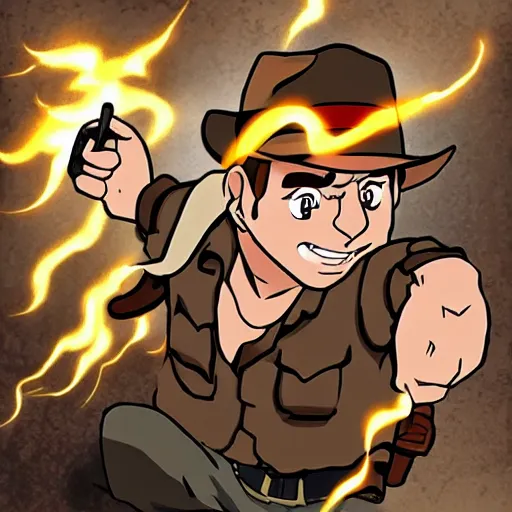 Image similar to Indiana Jones running away from boulder trap, raiders of the lost ark, anime style