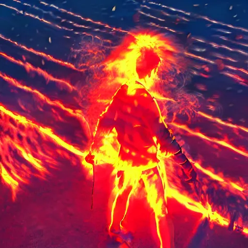 Image similar to a neon samurai in a burning field at night. hyper realistic, 8 k.