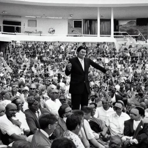 Prompt: South African politican Adriaan Joubert holding a speech, 1967