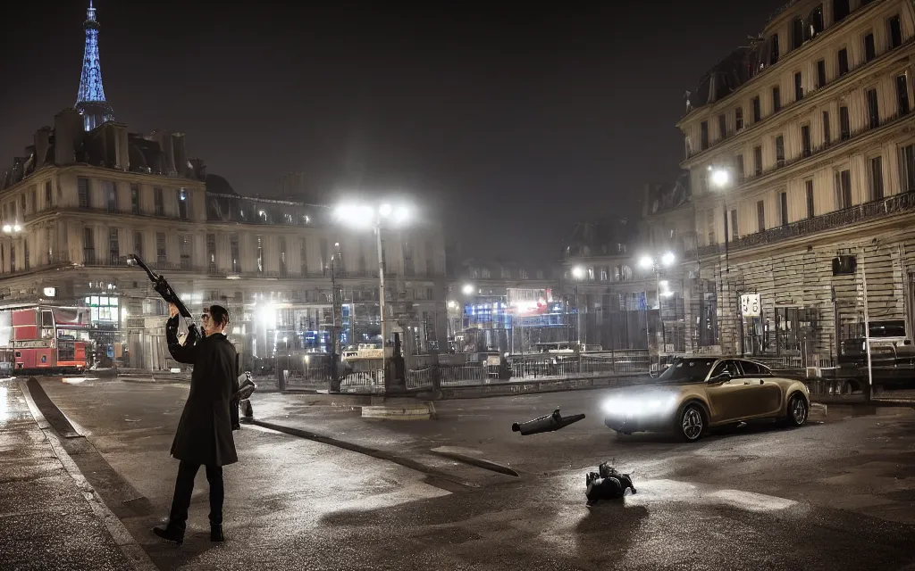 Image similar to One man in a trenchcoat shooting at a shadow monster with a pistol in a parisian street at night. Two cars are drifting around the monster with their lights on. Paris' Gare du Nord train station is visible in the background. 4k, dynamic, pulp, studio lighting, cinematic composition, HDR, colorfull, very low angle shot, (fish eye).