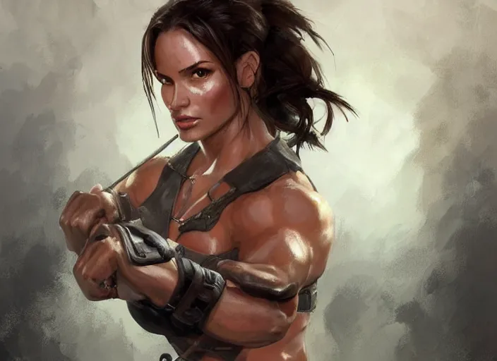 Image similar to portrait of lara croft as a beautiful female bodybuilder amazon with plump lips, elegant, fantasy, hd shot, digital portrait, beautiful, artstation, comic style, by artgerm, guy denning, jakub rozalski, magali villeneuve and charlie bowater